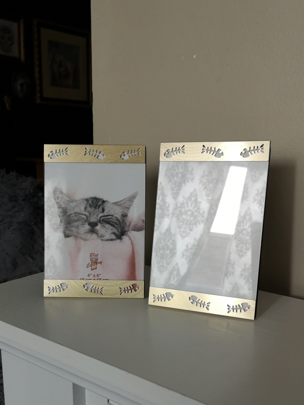 Set of Two Vintage Brass Cat Theme Photo Frames with Fish Bones Design 4" x 6"